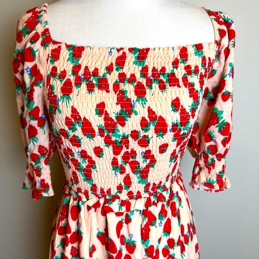 Betsey Johnson Strawberry Fields Smocked Maxi Dress Extra Small